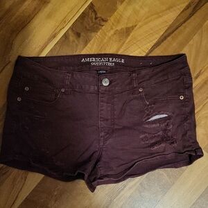 American Eagle Outfitters Burgundy Distressed Denim Shortie Shorts